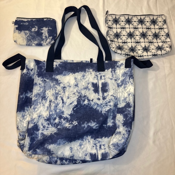 Thirty-One New Horizons Tote Zipper Pouch bundle Purse Matching Set Tie-dye Blue - Picture 1 of 11